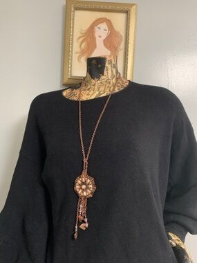 Lariat Pendant Necklace with Ornate Rose Gold Medallion - Women Jewelry